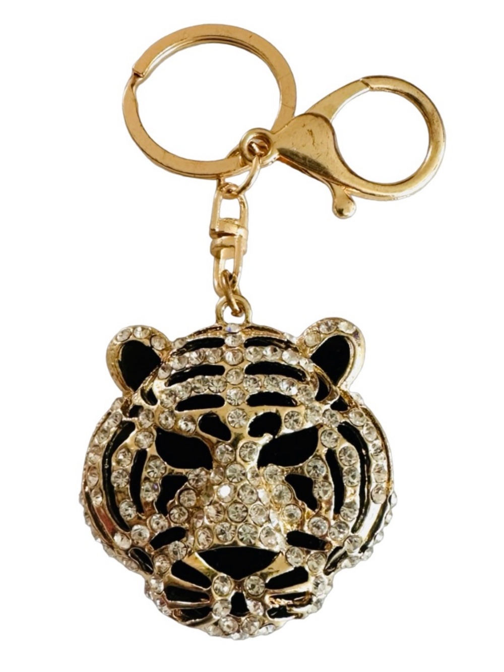 Gold-tone Black Enameled Jeweled Tiger Keychain Ring Handbag Charm 4.5” Luxury